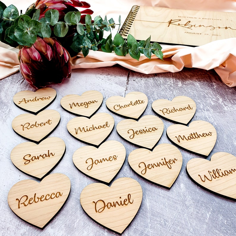 Personalised Wedding Place Names, Wooden Heart Place Setting, Wood Place Name, Wedding Favours, Wedding Table Decor, Rustic Wedding Seating image 8