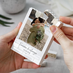A person's hands holding a white photo frame with a photo of a couple embracing, and the text "Forever & always" and "02.06.2019" printed on it.
