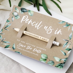Save the Date Pencil Us In | Save the Dates Cards | Personalised Wedding Invitations | Botanical Magnets with Envelope