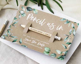 Save the Date Pencil Us In | Save the Dates Cards | Personalised Wedding Invitations | Botanical Magnets with Envelope
