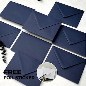 Midnight Blue Envelopes C6  or C5, Navy Blue Wedding Invitations Envelope, Dark Blue Save the Dates or RSVP A6 Envelopes, Free Foil Stickers