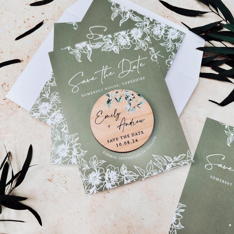 Save the Date Magnet with Cards | Sage Green Save the Date Wedding Magnets | Personalised Wood Save the Date or Evening | Botanical Invites image 6