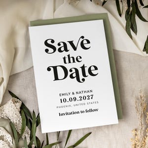 Einfache moderne Save the Date Karten | Minimalist Sage Grüne Hochzeitseinladungen | Hochzeit lädt ein | Hochzeitsset ""Arizona"""