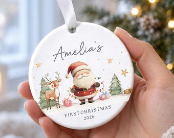Personalised Baby First Christmas Ornament 2026, Santa And Reindeer Bauble, New Baby Gift, Christmas Tree Decoration