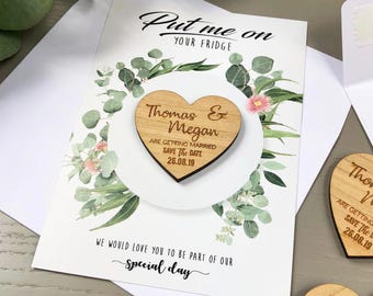 Save The Date Magnet with Cards, Personalised Wedding Invitation, Greenery Eucalyptus Boho Summer Fall, Wooden Save The Dates - Botanical