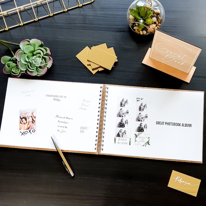 Alternative wedding guest book with this personalized wood engraved guestbook. This rustic wedding décor feature a custom wooden guestbook, and wedding table décor. Wedding sign and confetti, this wedding planner book is from Secret Creation Ltd