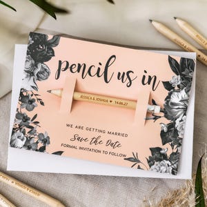 Save the Date Pencil Us In Wedding Invites Cards, Rustic Wood Engraved Pencils, Personalised Save the Dates with FREE Envelope - Floral Pink