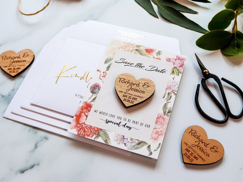 Wedding Save the Dates Magnet Cards, Rustic Wooden Save the Date, Personalised Save the Evening, Wedding Invite with FREE Envelope, Floral image 1