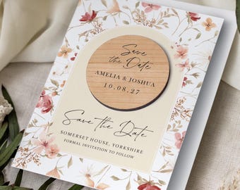 Save the Date Magnets with Floral Cards | Wedding Magnets Save our Date Invites | Custom Wood Rustic Winter Wedding Invitation Announcement