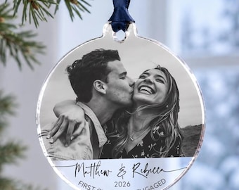 Personalised First Christmas Engaged Photo Ornament 2026, Couple Bauble, Engagement Gift For A Fiancee, Christmas Tree Decoration