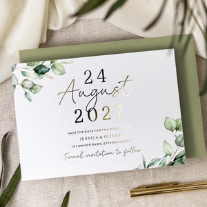 Tarjetas botánicas para guardar la fecha, tarjetas verdes para guardar la fecha de boda, tarjetas doradas para guardar la fecha, tarjetas de anuncio de boda "Florence"