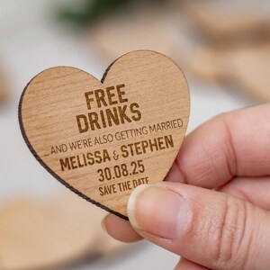 Save the Date Magnet, Wedding Invitations, Wooden Rustic Funny Save the Date Heart, Free Drink Coupon Invites, Boho Wedding Announcement