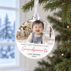 Personalised Grandparents First Christmas Photo Bauble 2026, Gift From Baby For Grandma And Grandad, Family Christmas Tree Ornament