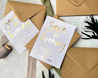 Cartes Save the Evening en feuille d'or | Réservez votre date | Faire-part de mariage minimaliste | Suite de faire-part de soirée moderne « Bali »