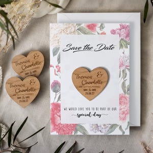 Aimant réservez des dates avec des cartes, faire-part de mariage rustique, faire-part de mariage, aimants réservez des dates bohèmes en bois personnalisés - floral