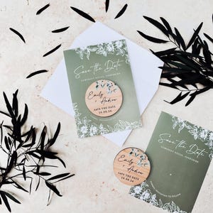 Save the Date Magnet with Cards | Sage Green Save the Date Wedding Magnets | Personalised Wood Save the Date or Evening | Botanical Invites image 3