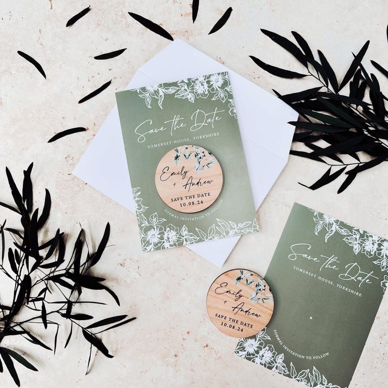 Save the Date Magnet with Cards | Sage Green Save the Date Wedding Magnets | Personalised Wood Save the Date or Evening | Botanical Invites image 3