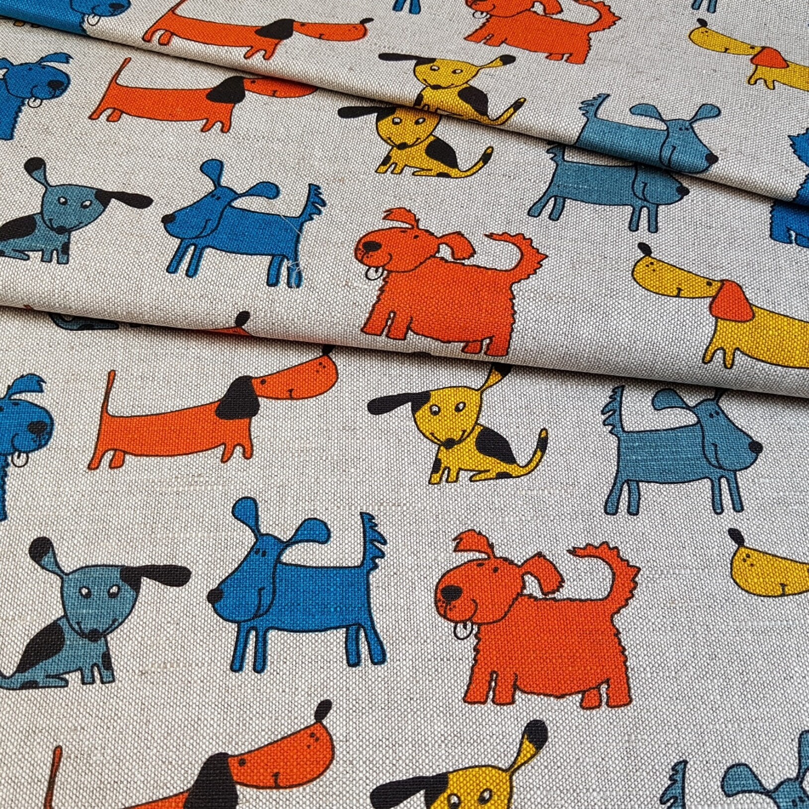 Linen cotton fabric with dogs Etsy