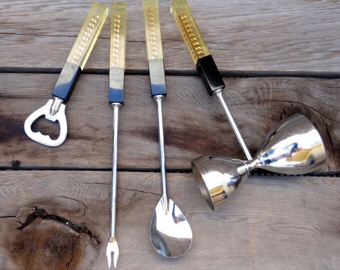 Mid Century Lucite Bar Tools Set Double Jigger Bottle Etsy