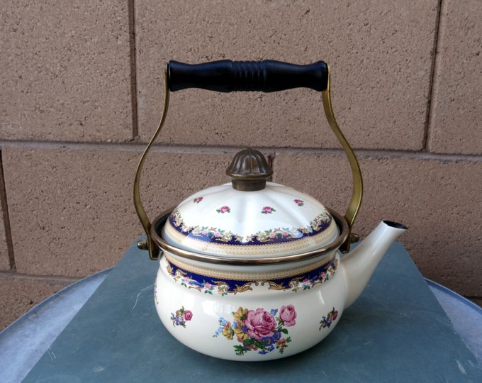 Vintage Asta Enamel Kettle Rose Floral and Scroll Design Etsy
