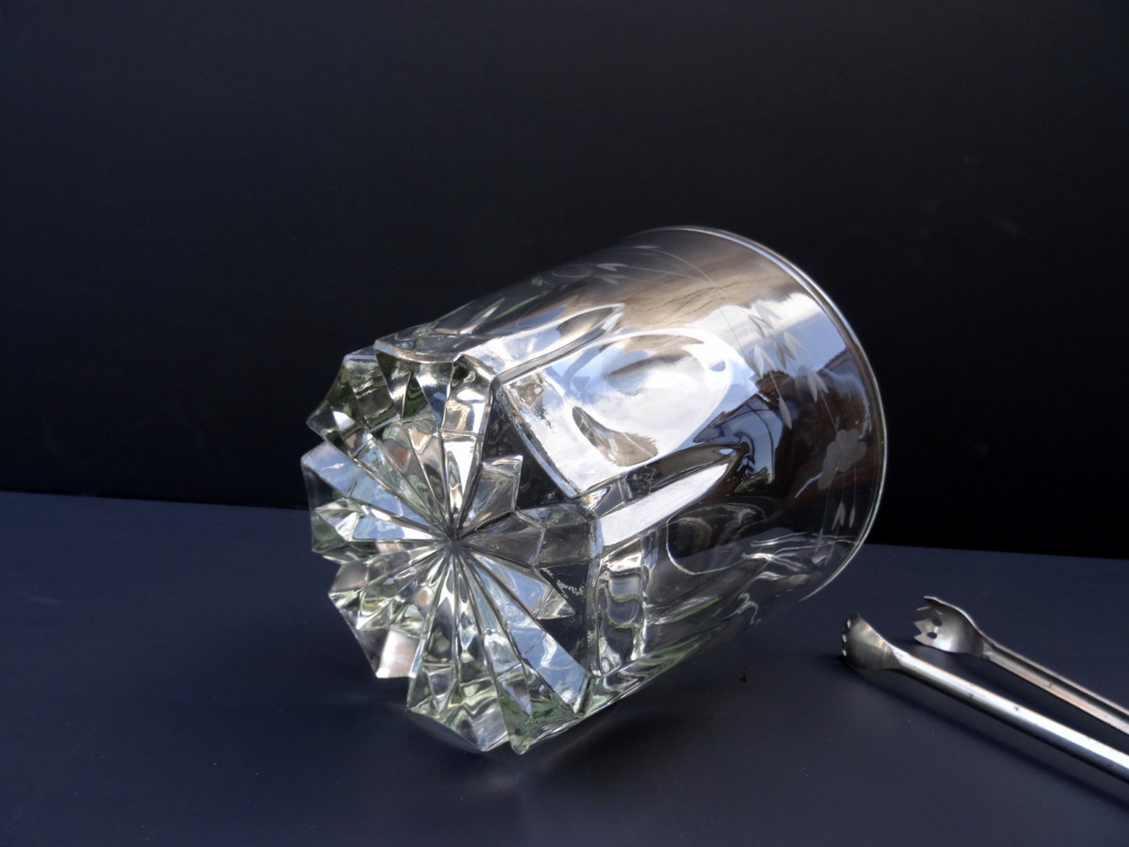 Vintage Crystal Ice Bucket With Tongs Etched Crystal Ice Etsy