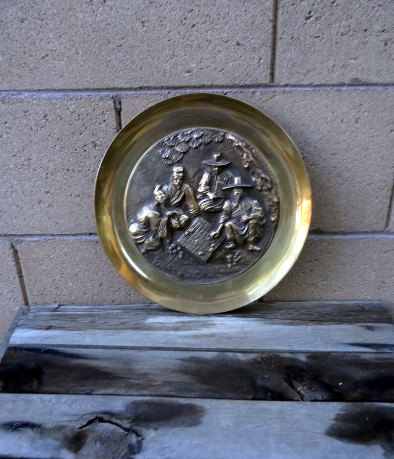 Vintage Korean Brass And Bronze Plaque Men Playing Janggi Etsy