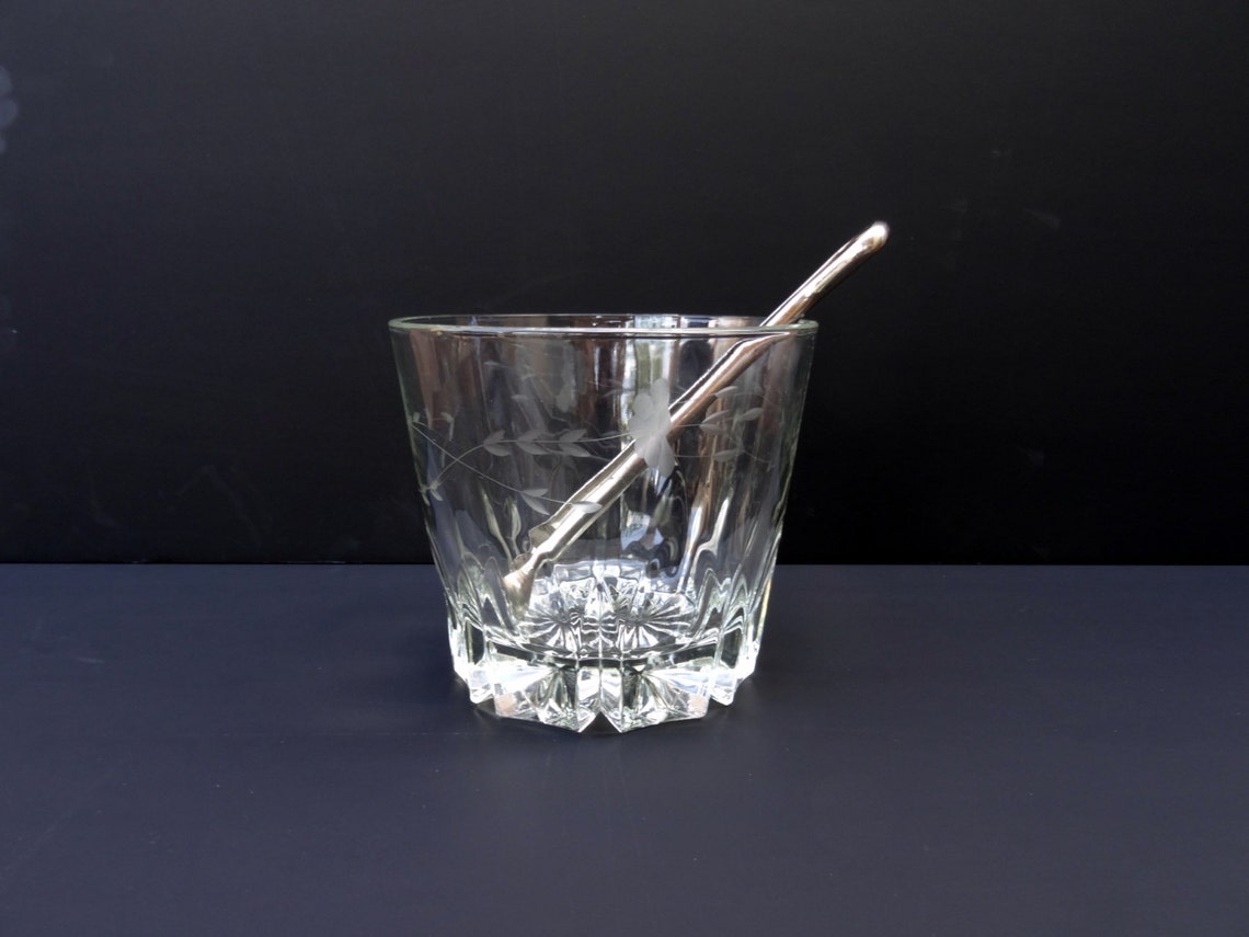 Vintage Crystal Ice Bucket With Tongs Etched Crystal Ice Etsy