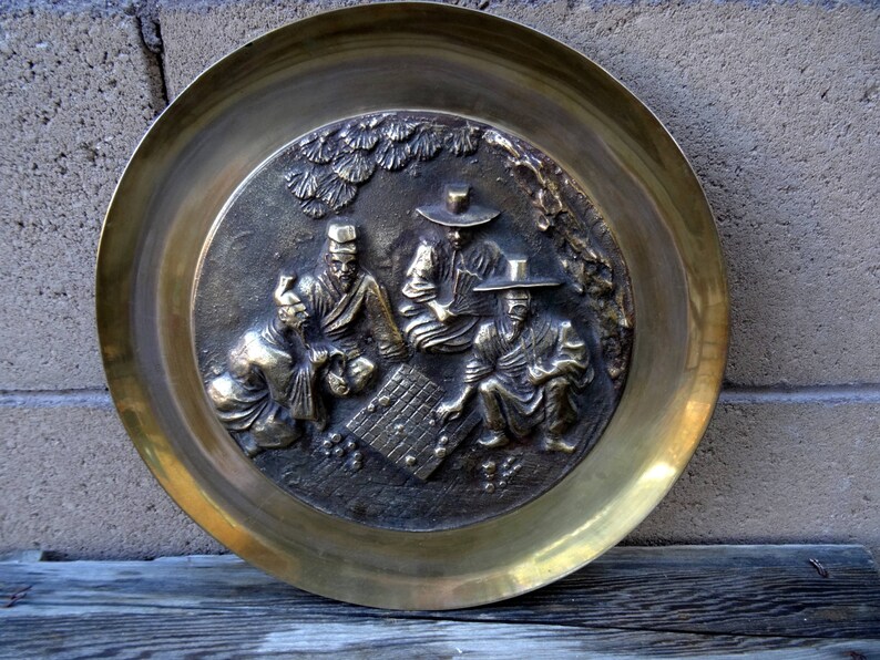 Vintage Korean Brass And Bronze Plaque Men Playing Janggi Etsy