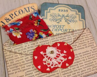 Old Book Page Pocket with Spool Card wrapped with fabric strip and Journal Card for Journals, Planners, or Scrapbooking