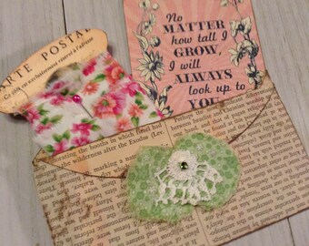 Old Book Page Pocket with Spool Card wrapped with fabric strip and Journal Card for Journals, Planners, or Scrapbooking