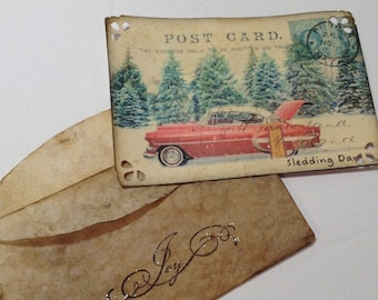 Junk Journal Postcard Coffee Filter Envelope Christmas Winter Holiday Sledding Day Gift Card Tag Journal Card