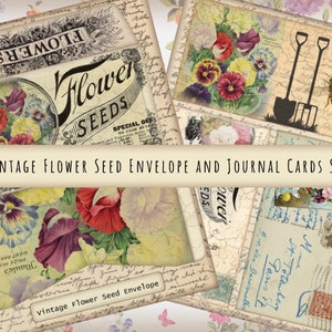 Junk Journal Kit of Vintage Flower Seed Envelope Set with 3 matching Journal Cards for Journals, Planners, or Cards - print, cut & fold