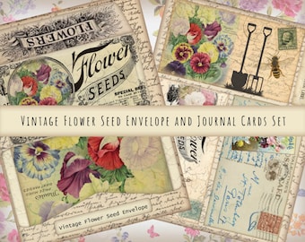 Junk Journal Kit of Vintage Flower Seed Envelope Set with 3 matching Journal Cards for Journals, Planners, or Cards - print, cut & fold