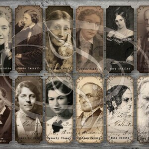 Peut inclure: Un collage de portraits d'auteurs célèbres de style vintage, dont Agatha Christie, Lewis Carroll, Virginia Woolf, John Keats, Mary Shelley, Sigmund Freud, Charles Baudelaire, Pearl S. Buck, Beverly Cleary, William Wordsworth, Anne Brontë et Fiodor Dostoïevski.