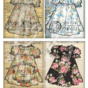 Vestido de boneca de bebê, cartões de diário de lixo, vestido de menina vintage, etiquetas florais, planejadores, etiquetas de presente, cadernos e scrapbooking