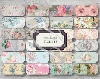 Tickets with Vintage wallpaper pattern  junk journal supplies planner tabs gift tags, travelers notebook insert and scrapbooking ephemera