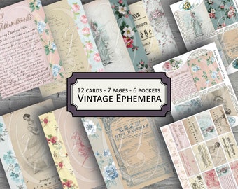 French Junk Journal Kit Vintage Ephemera Antique pages with matching pocket envelope sets with Wallpaper pattern borders