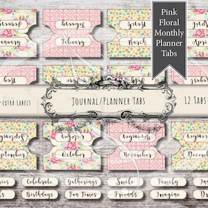 Pink Monthly Tabs for Junk Journals Daily Planners Calendars Travelers Notebooks or Scrapbooking