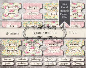 Pink Monthly Tabs for Junk Journals Daily Planners Calendars Travelers Notebooks or Scrapbooking