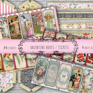 May include: A set of 24 printable Valentine's Day ticket boxes and 4 bases and handles. The tickets feature vintage illustrations of flowers, hearts, and couples. The text "24 Tickets" and "Valentine Boxes / Tickets" is printed on a pink banner. The text "4 Bases & Handles" is printed on a pink banner.