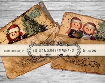 Raggedy Ann and Andy Journal Card Coffee Filter Envelope Christmas Card Gift Tag Junk Journal Card