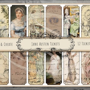 May include: Twelve vintage-style tickets featuring illustrations of women and text, including "CUT & CREATE", "JANE AUSTEN TICKETS", and "12 TICKETS".
