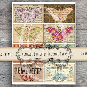 Pode incluir: Oito cartões de diário de estilo vintage com ilustrações de borboletas coloridas sobre um fundo de madeira. Os cartões são etiquetados como "Vintage Butterfly Journal Cards" e "Cut & Create".