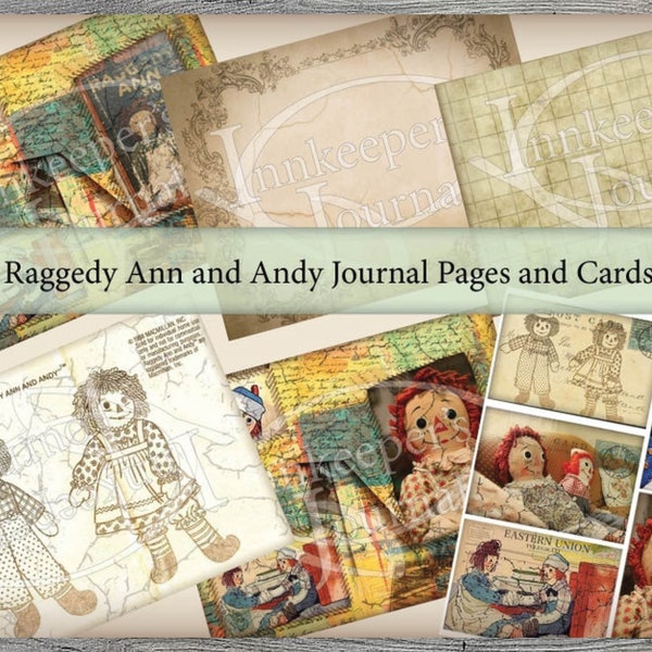 Junk Journal Kit Printable Raggedy Ann and Andy theme Journal Collage pages and journal cards