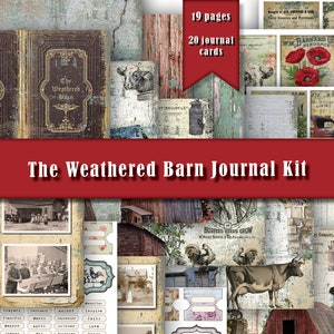 May include: A digital scrapbooking kit with a weathered barn theme. The kit includes 19 pages and 20 journal cards with images of farm animals, barns, and vintage farm equipment. The kit also includes a title page with the text "The Weathered Barn Journal Kit".