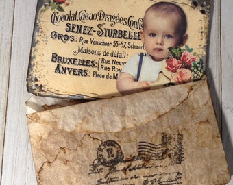 Vintage Post Card and Coffee Filter Envelope Flower Boy Journal Card Gift Card  Gift Tag Journal Card