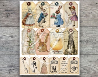 Digital Printable Vintage Bunny Tags for Junk Journals Planners Gift Tags and Scrapbooking