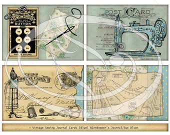 Junk Journal Cards Vintage Sewing Blue Instant download Scrapbooking Gift tags needle book  name cards