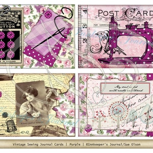 Tarjetas de diario de costura en Boho Purple imprimibles para diarios basura P;anners Scrapbooking, etiquetas de regalo o tarjetas de presentación