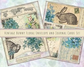 Junk Journal Kit of Vintage Bunny Floral Envelope Set with 3 matching Journal Cards for Journals, Planners, or Cards - print, cut & fold